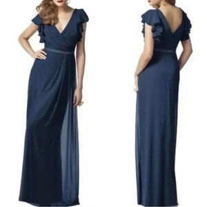 Dessy Collection Metallic Navy Blue Ruffled Sleeve A-Line Gown Dress